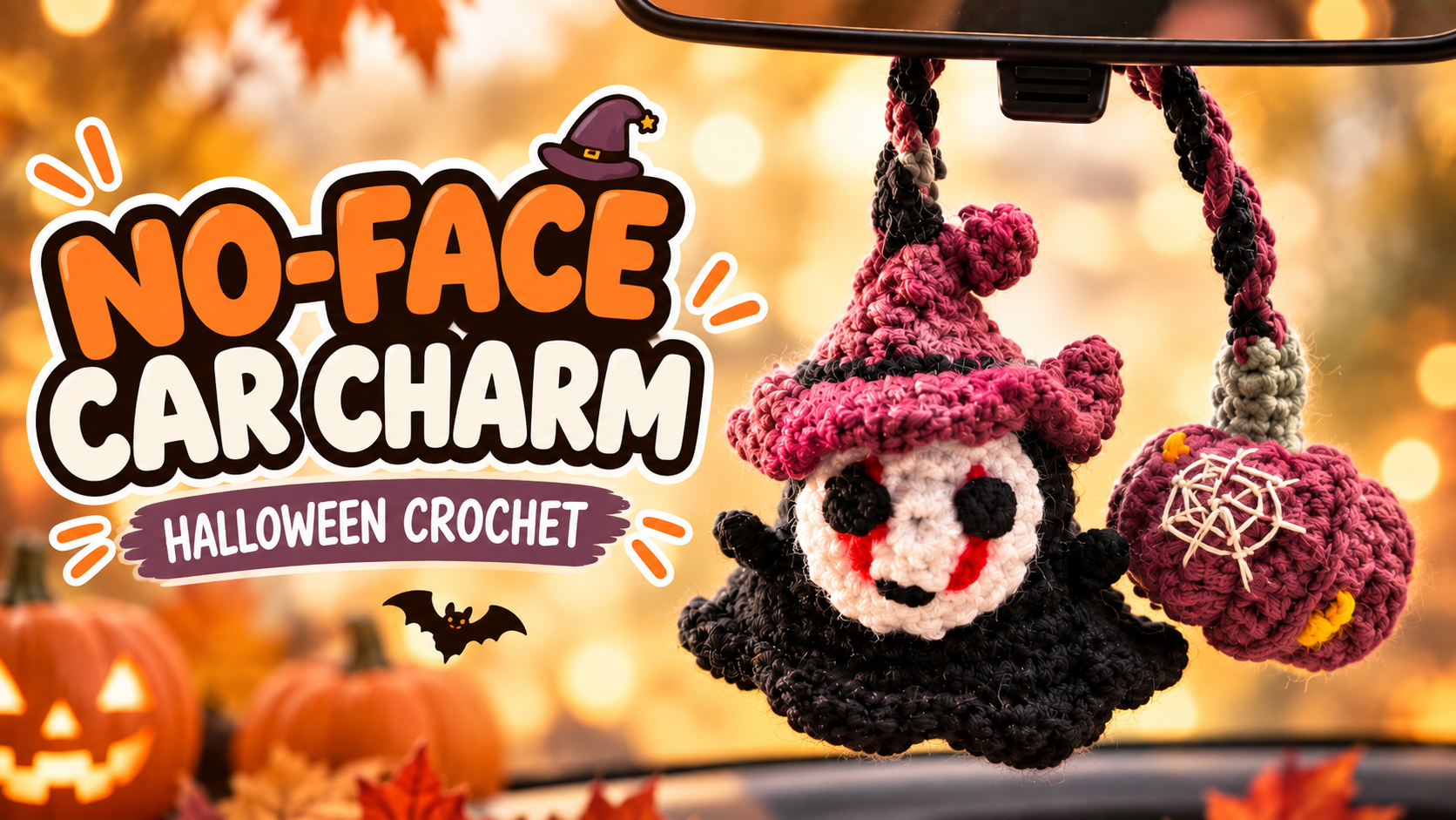 Crochet Halloween Car Charm: Ghost, Pumpkin & Witch Hat