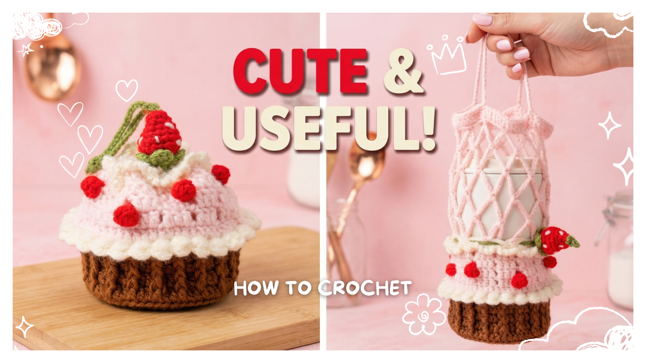 Crochet Strawberry Cupcake Cup Holder with a Hidden Mesh Bag